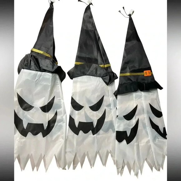 Halloween Decorations- 3 Large Ghosts w/ Light up Hats - 8”w x 30”h -  Brand New - Picture 1 of 4